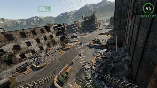 Vue FPV haute altitude — théâtre urbain DRACO