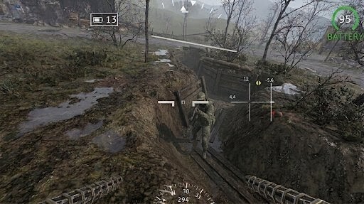Vue FPV tranchée — soldat ciblé DRACO
