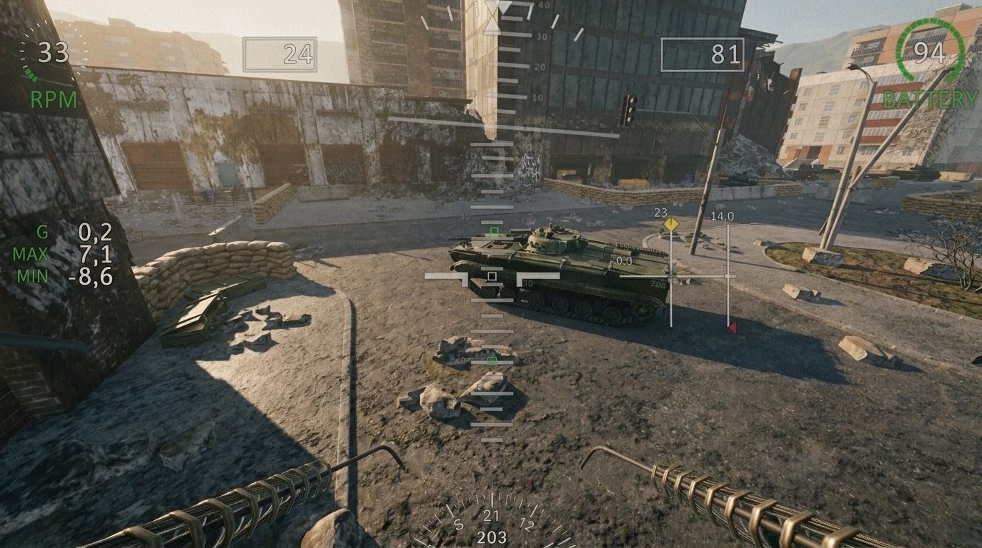 Vue FPV drone avec HUD — char en milieu urbain, moteur DRACO