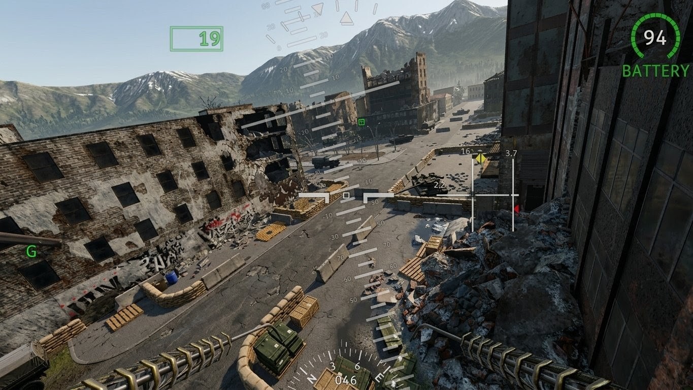 Vue FPV haute altitude — théâtre urbain DRACO