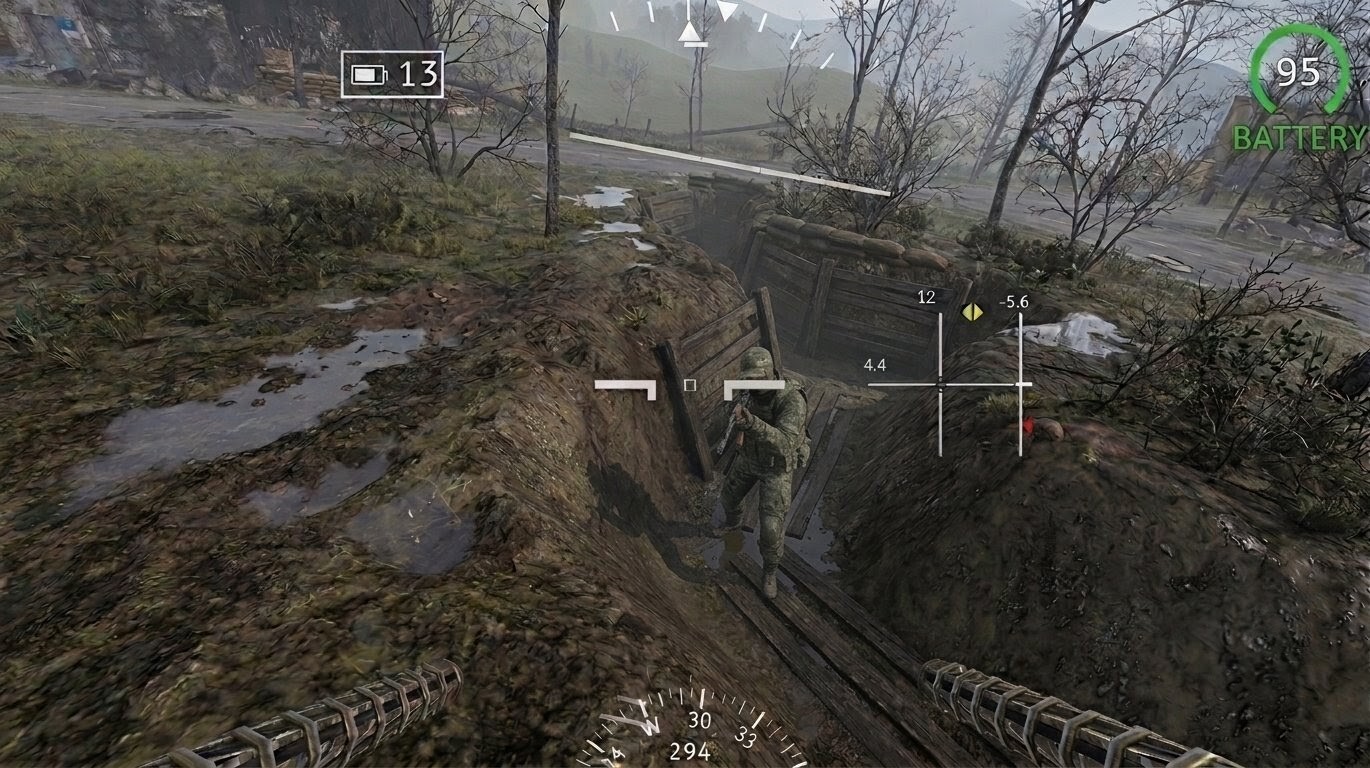 Vue FPV tranchée — soldat ciblé DRACO